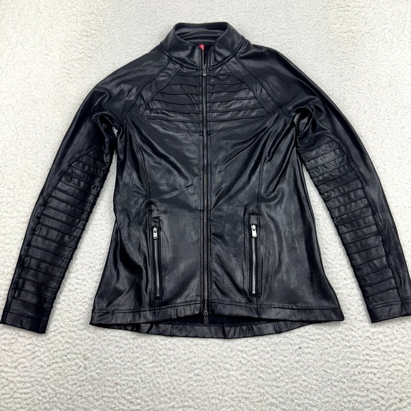 Spanx Moto Jacket Women's XS Black Faux Leather Full Zip Stretch Lightweight‎ - Picture 1 of 10